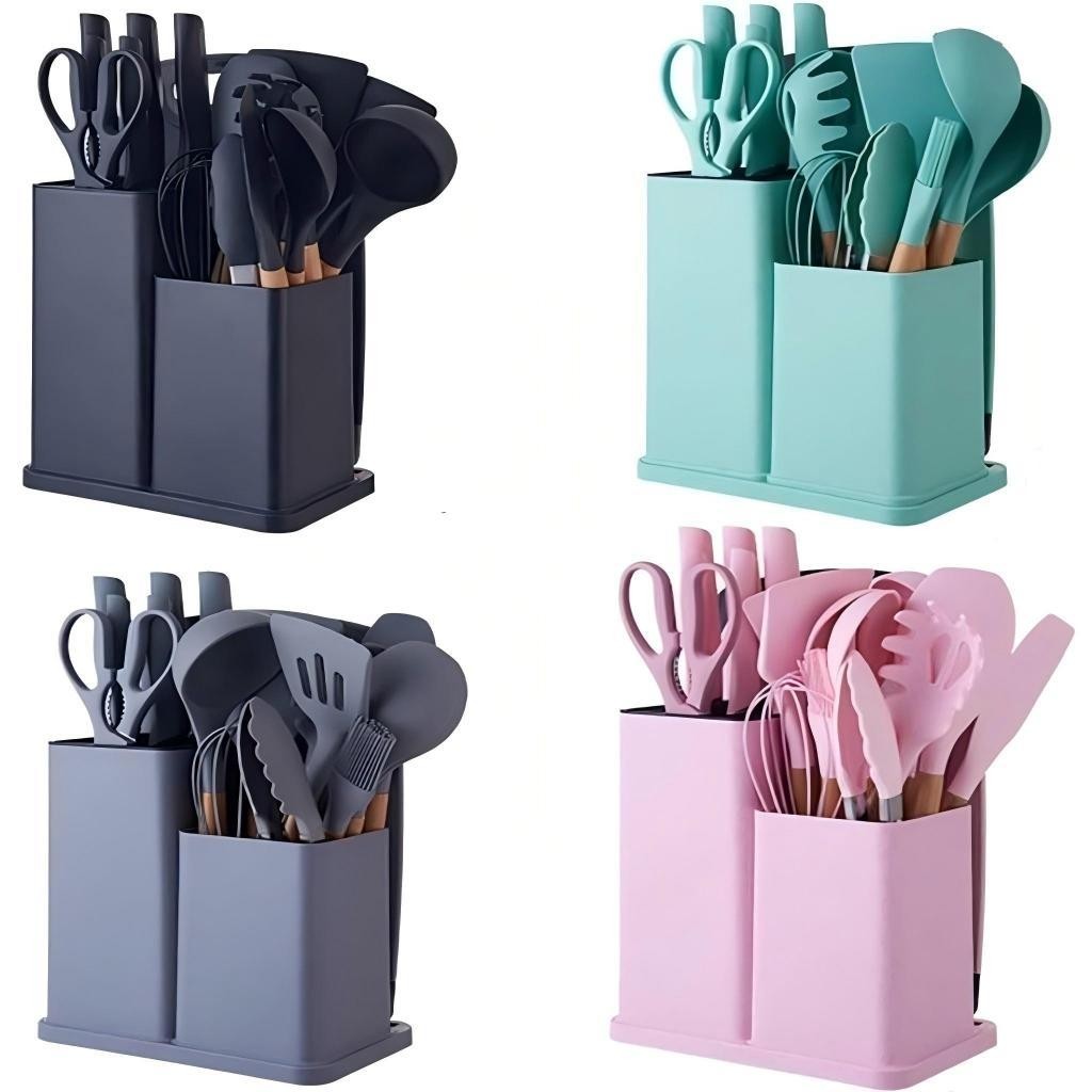 Kit de Utensílios de Cozinha 19 Peças em Silicone, Facas e Suporte