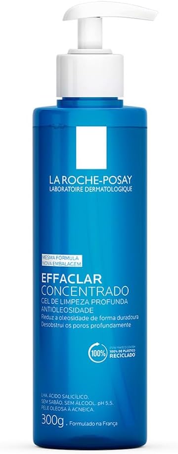 Gel de Limpeza La Roche-Posay Effaclar Concentrado 300ml Frasco de gel de limpeza facial azul transparente para pele oleosa com acne