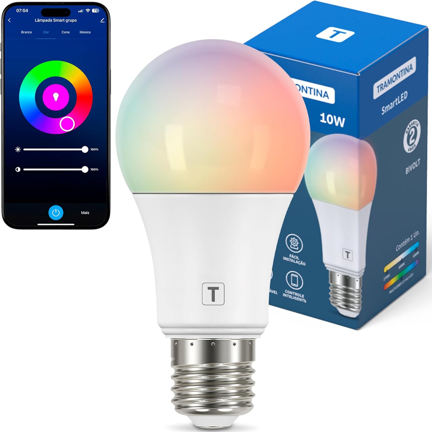 Lâmpada Smart Tramontina LED 10W Wi-Fi + Bluetooth Lâmpada LED inteligente Tramontina branca com bocal E27 e interface de aplicativo mostrando cores