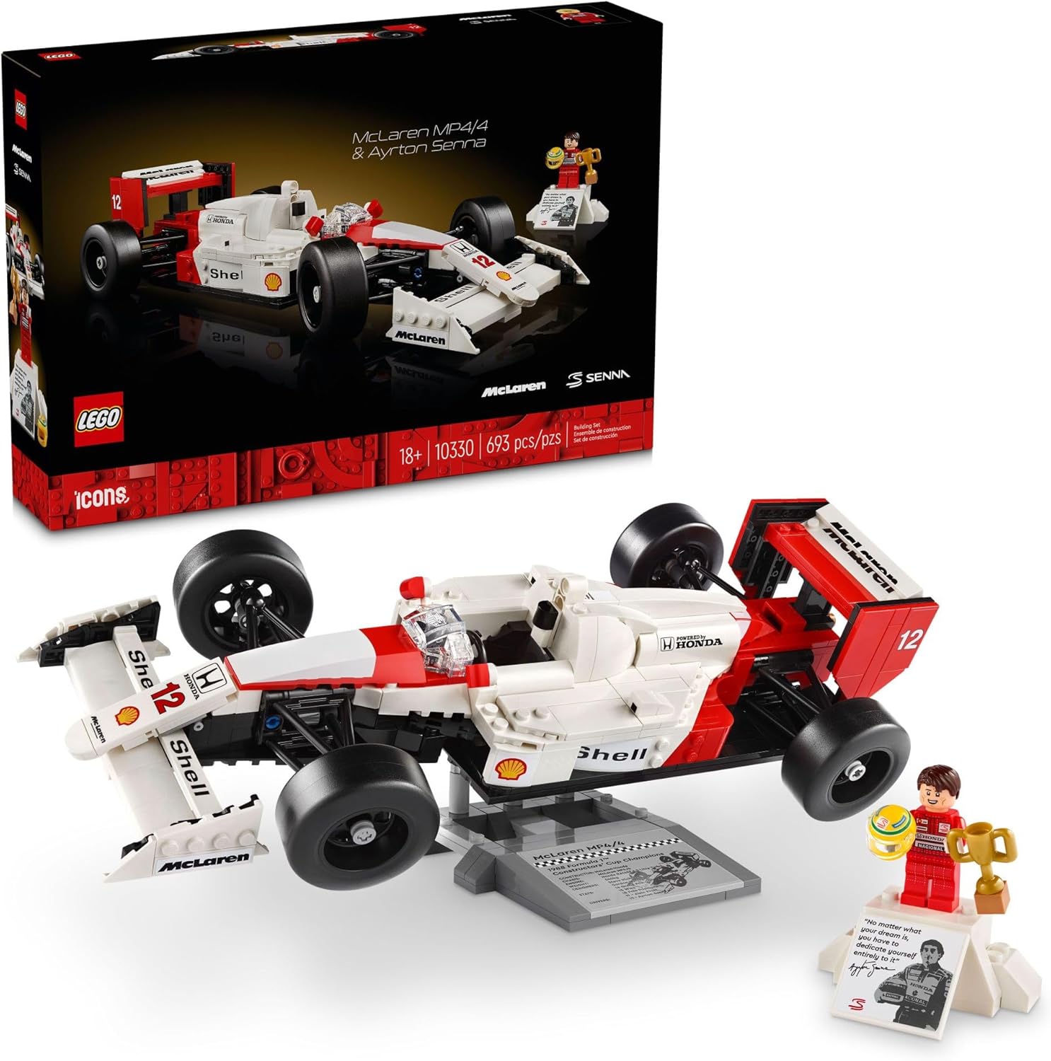 LEGO Icons 10330 McLaren MP4/4 e Ayrton Senna 693 Peças Caixa do LEGO Icons 10330 mostrando o carro de corrida McLaren MP4/4 e minifigura de Ayrton Senna