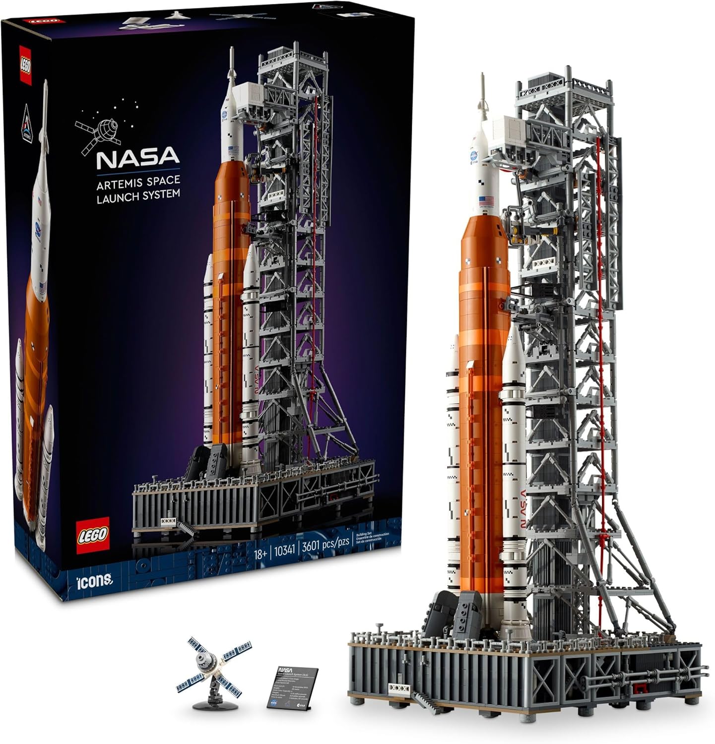 LEGO Icons NASA Artemis 10341 Conjunto LEGO Icons 10341 representando o sistema de lançamento espacial Artemis da NASA com torre e foguete