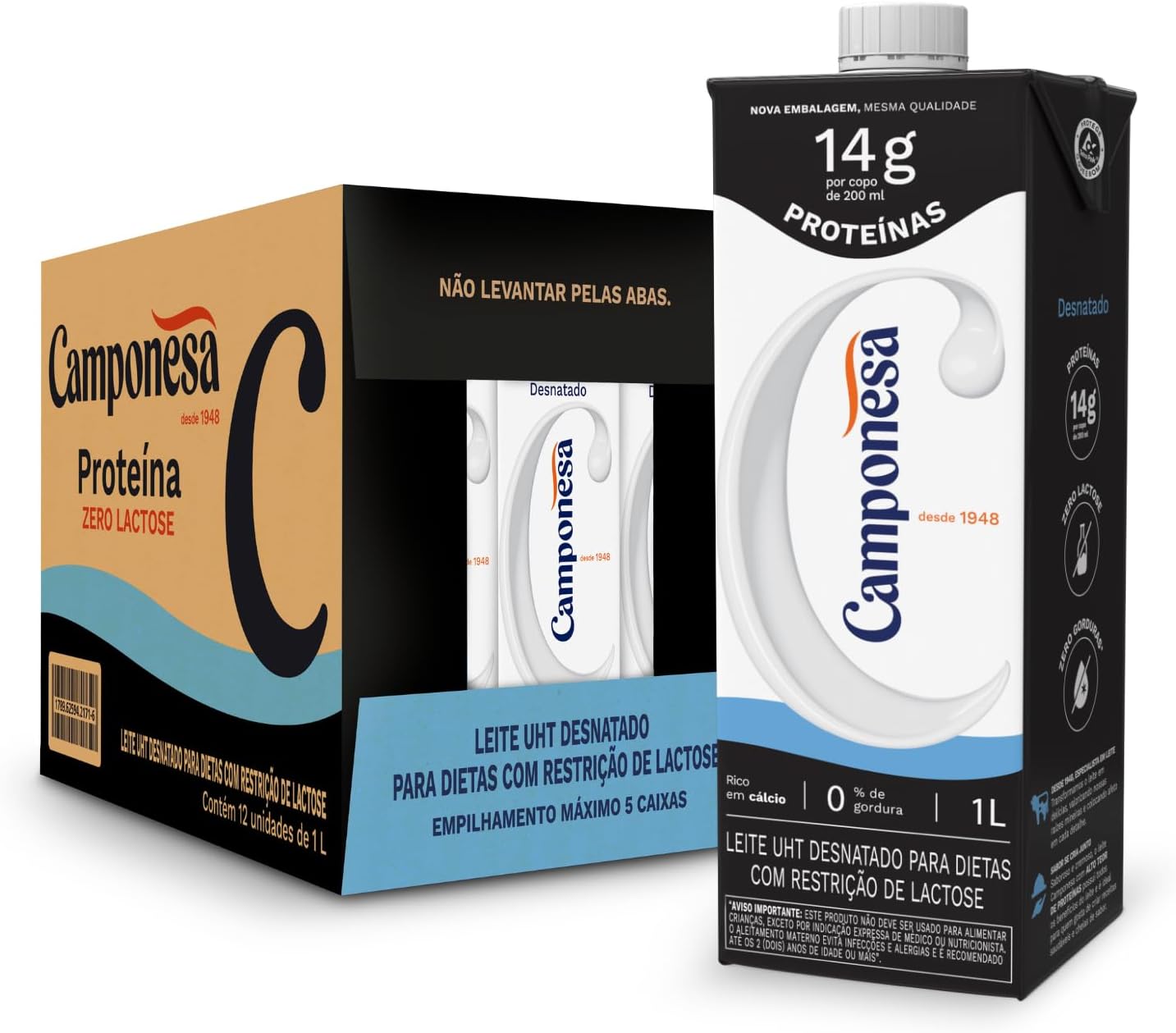 Camponesa Leite UHT Zero Lactose com 14g de Proteína Desnatado 1L (Caixa 12 Unidades)