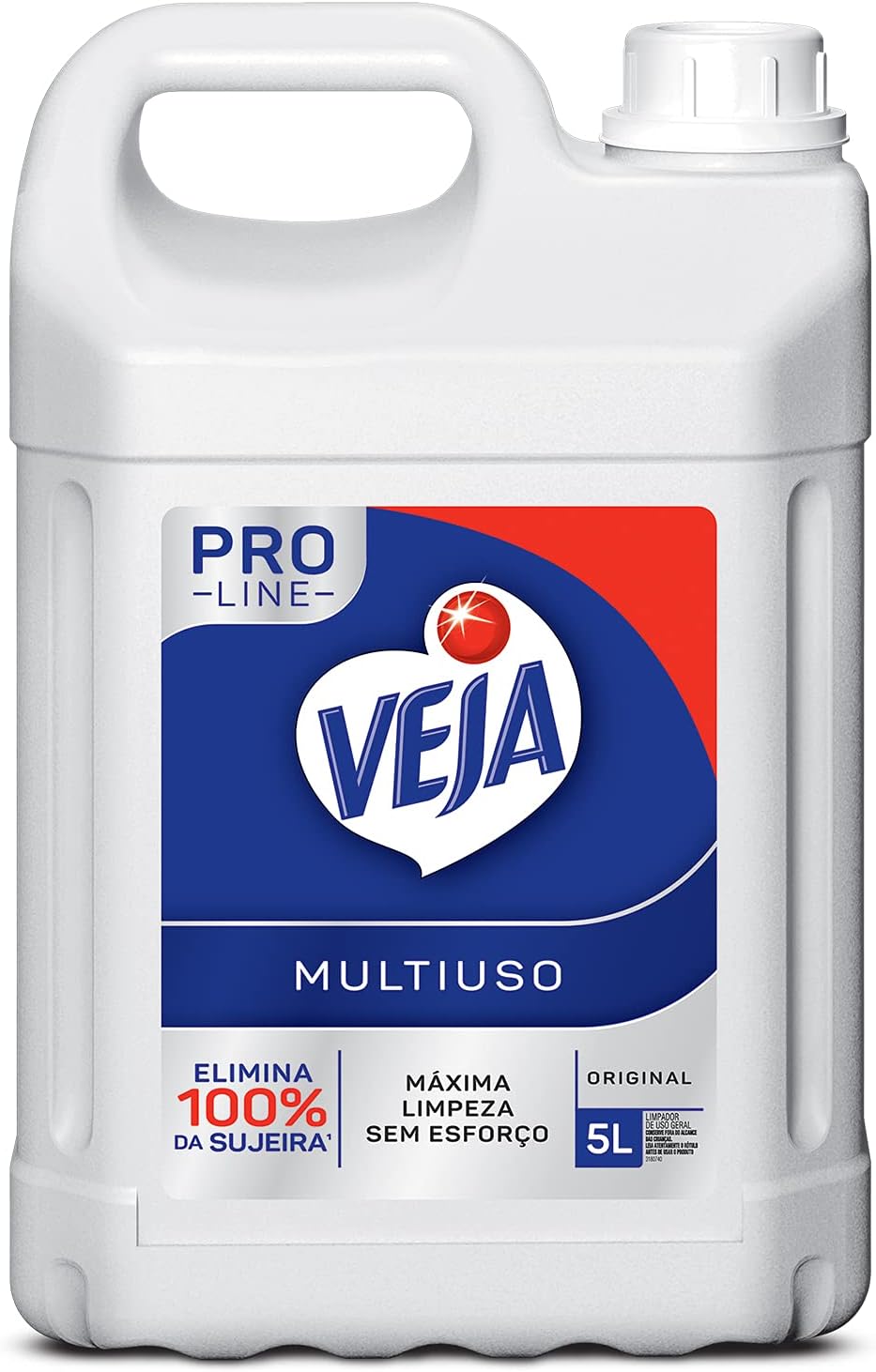 Limpador Multiuso Veja PRO Line 5 litros em embalagem econômica Galao de cinco litros de limpador multiuso azul com rótulo vermelho e branco em fundo neutro