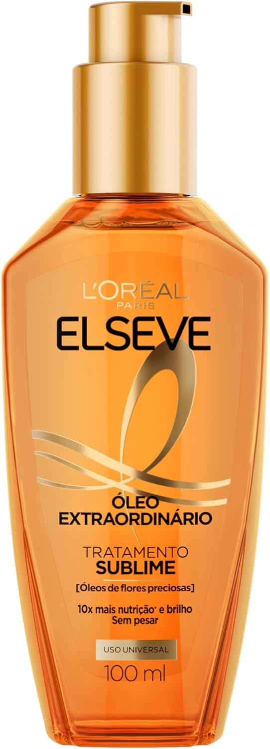 Finalizador Capilar L'Oréal Paris Elseve Óleo Extraordinário Frasco de vidro âmbar do Óleo Extraordinário Elseve L'Oréal Paris com tampa dourada sobre fundo neutro