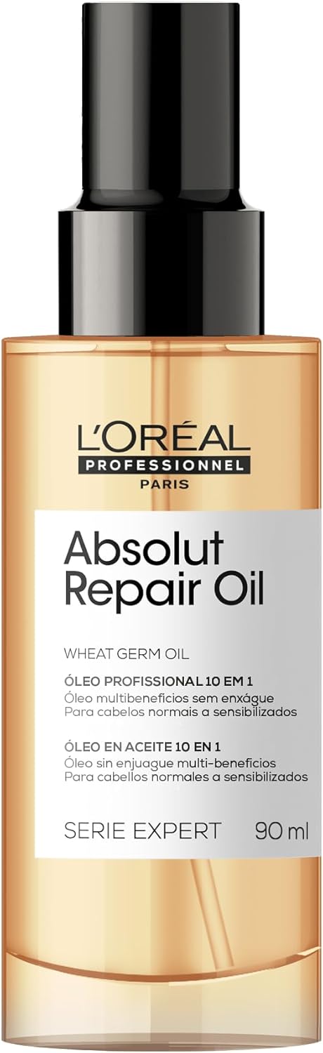 L'Oréal Professionnel Absolut Repair Oil 10 em 1 Frasco de óleo finalizador capilar profissional com rótulo dourado sobre fundo neutro iluminado