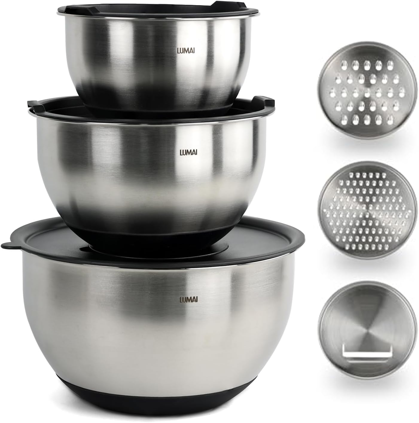 Kit 3 Tigelas Bowls Lumai Inox com Tampas e Discos de Corte