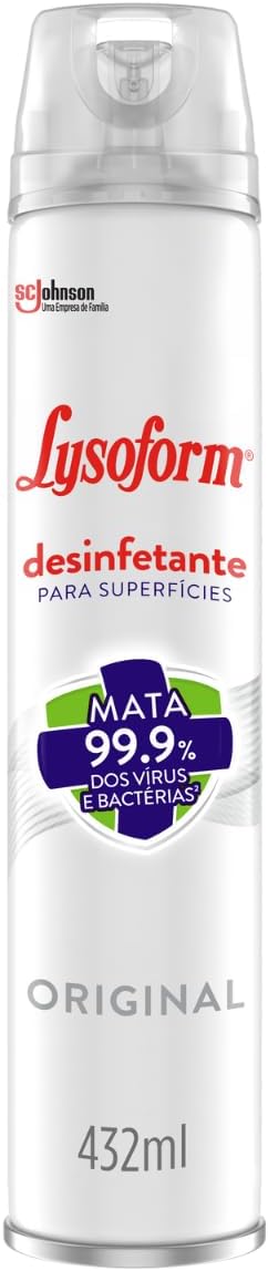 Lysoform Original Aerosol 432ml em Detalhes Lata de desinfetante Lysoform Original aerosol prata e verde posicionada sobre superfície clara de limpeza doméstica