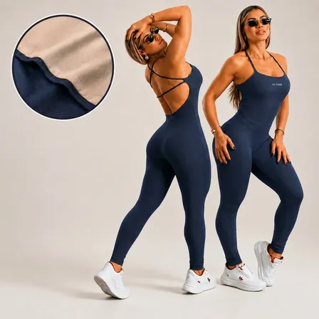 Macacão Fitness Feminino Longo em Suplex Azul-marinho