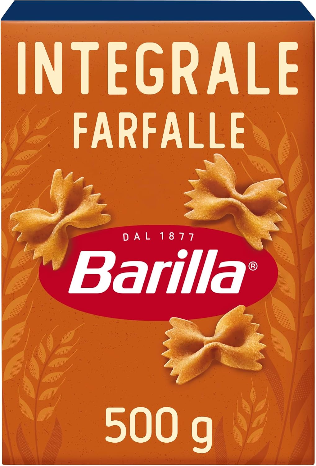 Macarrão Integral Farfalle Barilla Integrale 500g Caixa azul de Macarrão Integral Farfalle Barilla Integrale 500g em destaque sobre fundo neutro