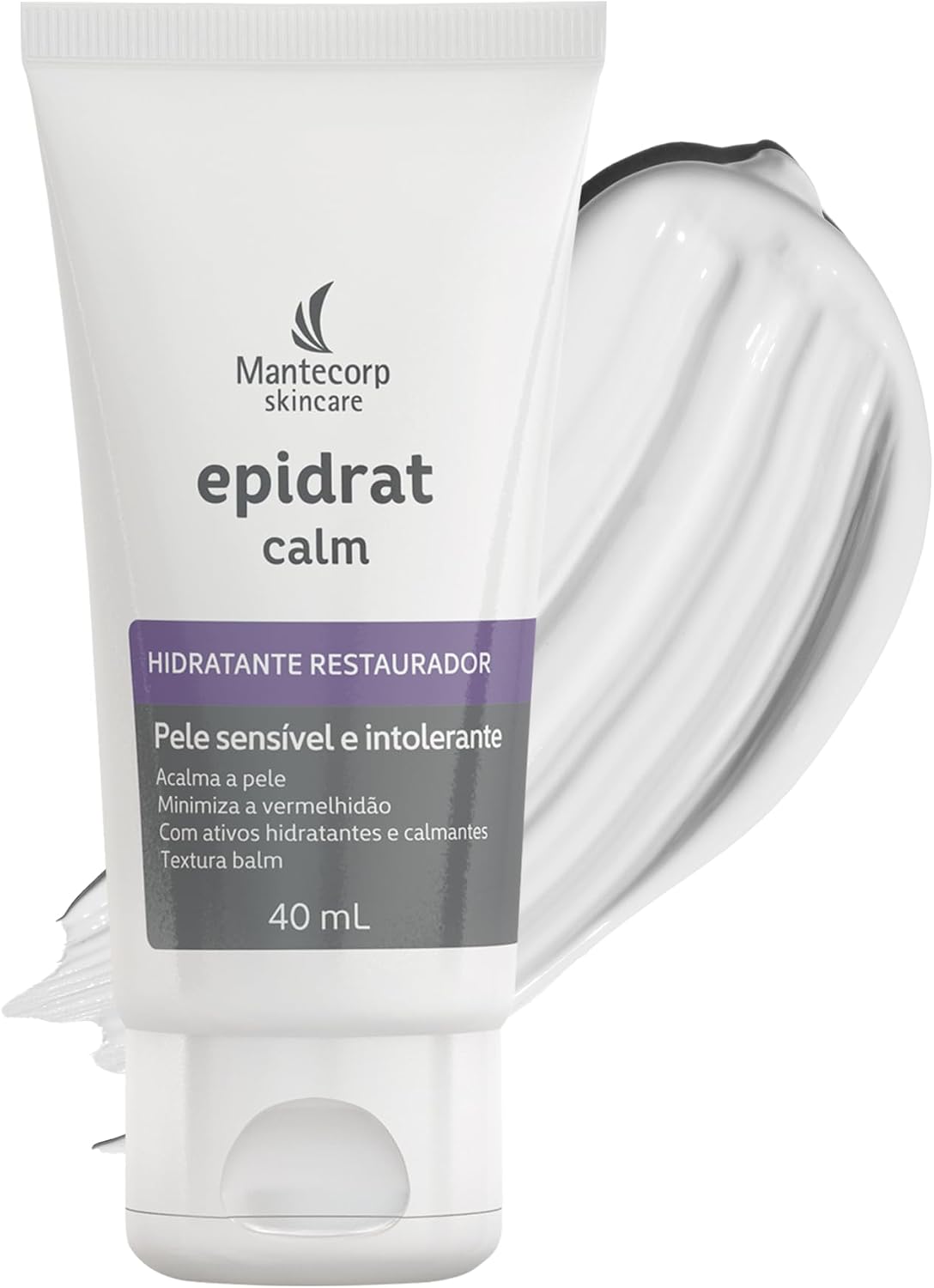 Hidratante Mantecorp Epidrat Calm para Peles Sensíveis Tubos de hidratante facial restaurador Mantecorp Epidrat Calm em superfície branca com embalagem clean