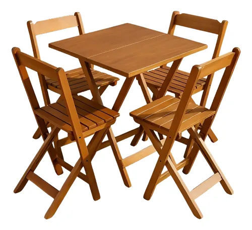 Mesa Dobrável Bistro 70x70 com 4 Cadeiras em Madeira Maciça