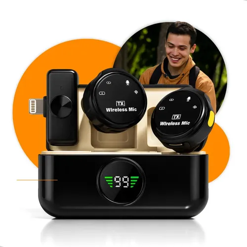 Microfone de Lapela Sem Fio Duplo com Ímã para iPhone (Lightning)
