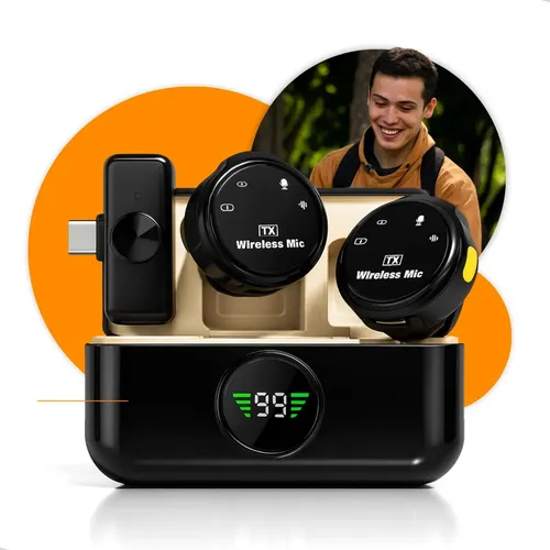 Microfone de Lapela Sem Fio Duplo com Imã e Cancelamento de Ruído - Conector Tipo-C