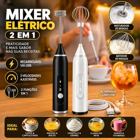 Mini Mixer Misturador de Bebidas Elétrico 2 Em 1 Portátil e Recarregável