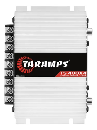 Módulo Amplificador Taramps TS 400x4 Branco Módulo amplificador Taramps TS 400x4 branco de quatro canais para som automotivo em fundo branco