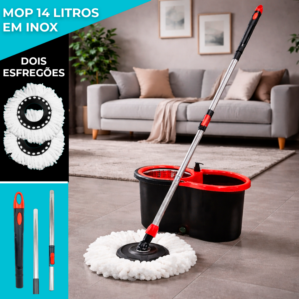 Mop Giratório com Balde de 14 Litros, Cesto em Inox e Rodinhas