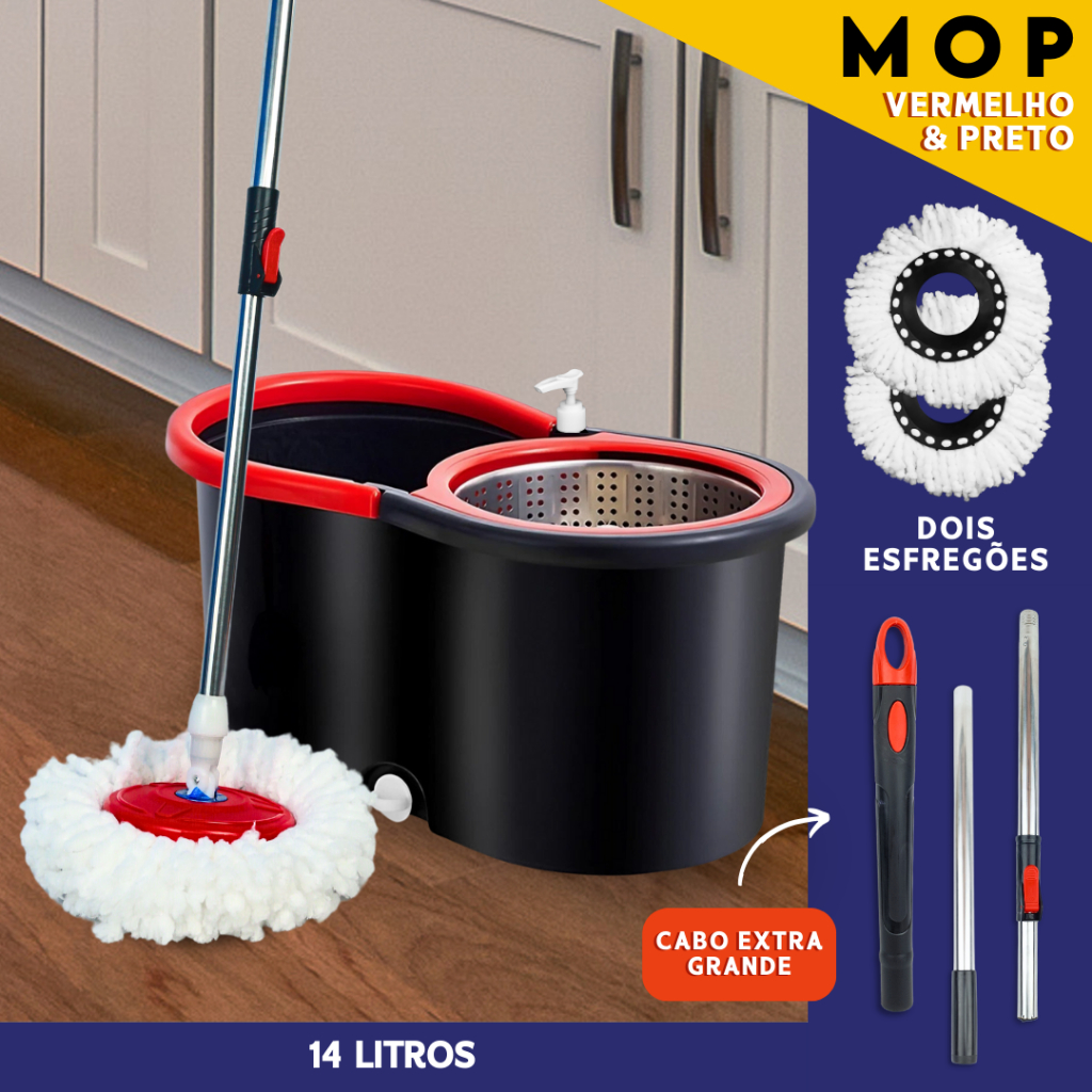 Mop Giratório com Balde Centrífuga 14L e Cabo Inoxidável de 1,40m