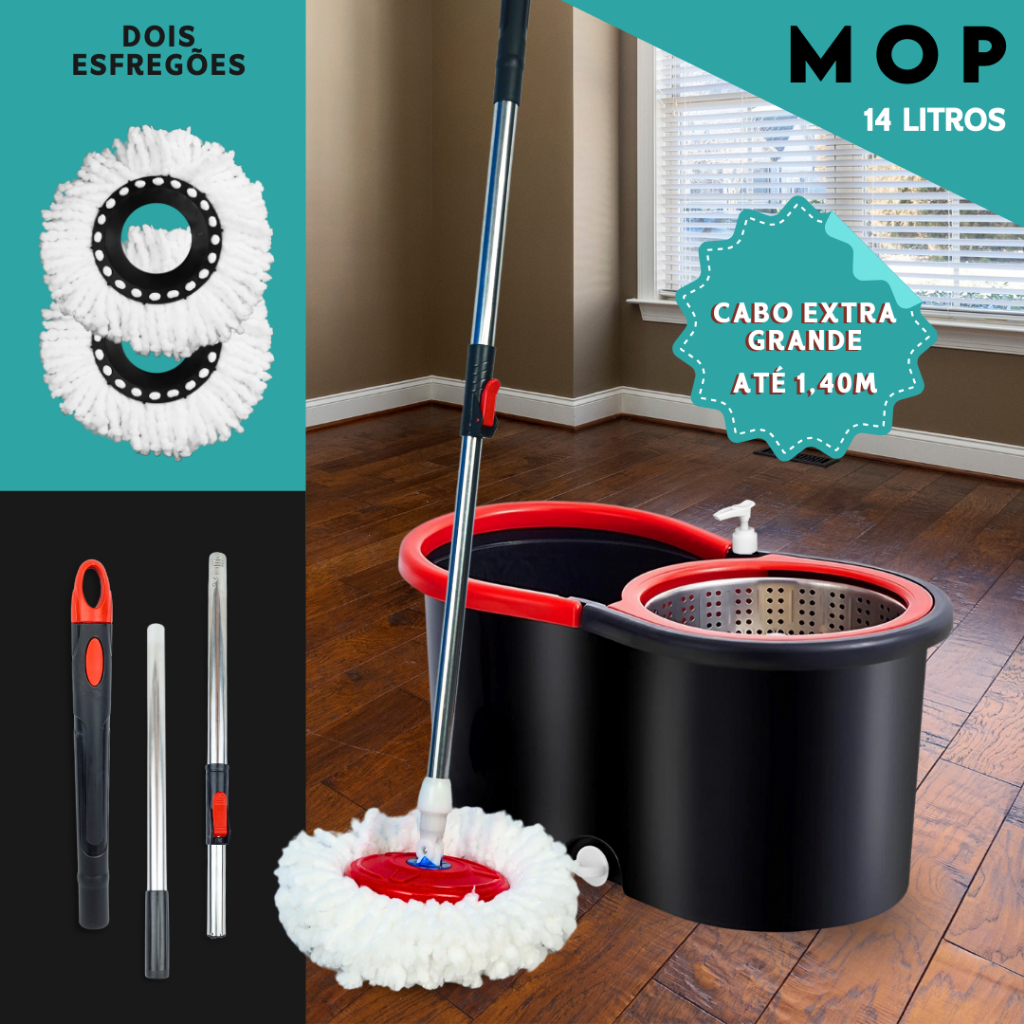 Mop Giratório Cleaner Profissional com Balde 14L e Refil Duplo