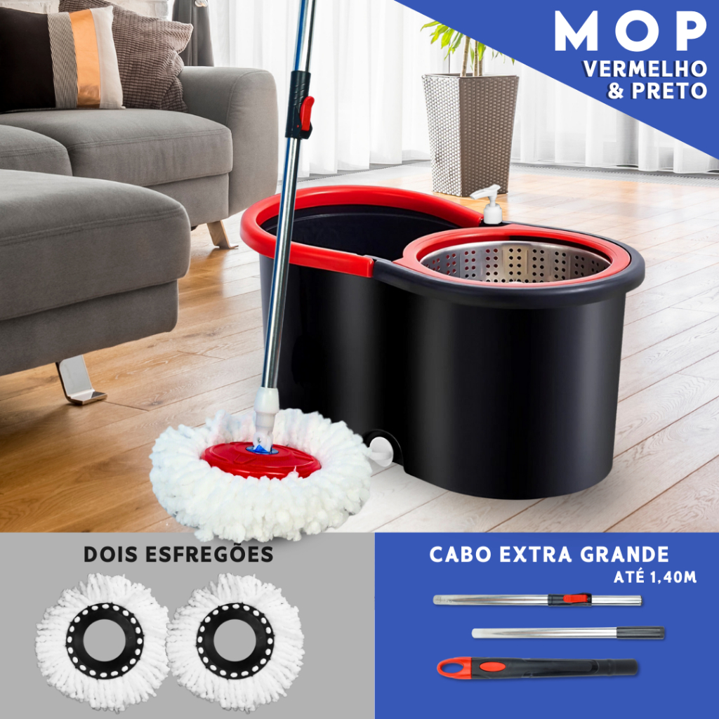 Mop Giratório Mazzal: Cesto Inox, Cabo 140cm e 2 Refis