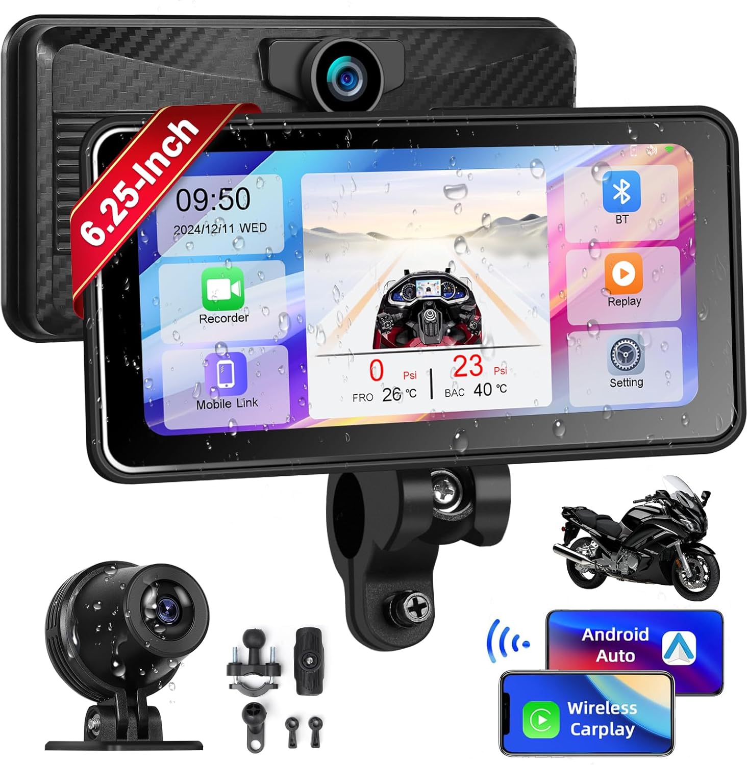 GPS de Motocicleta Motorsi 2024: Carplay e Android Auto com Câmera Dupla
