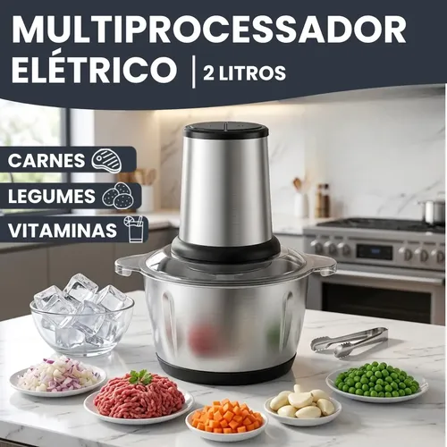 Multiprocessador e Triturador Elétrico de Alimentos em Inox 2L