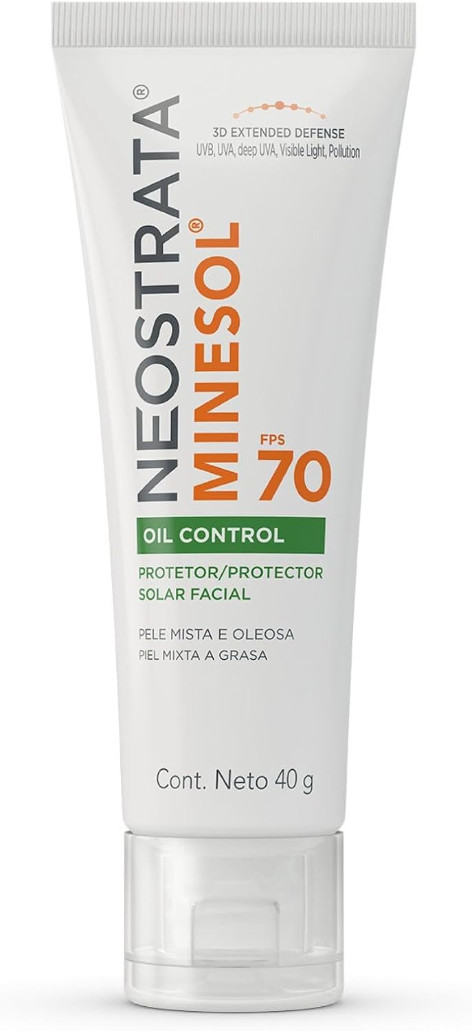 Neostrata Minesol Protetor Solar Facial Oil Control FPS 70 Frasco de protetor solar facial Neostrata Minesol Oil Control FPS 70 em fundo branco e limpo