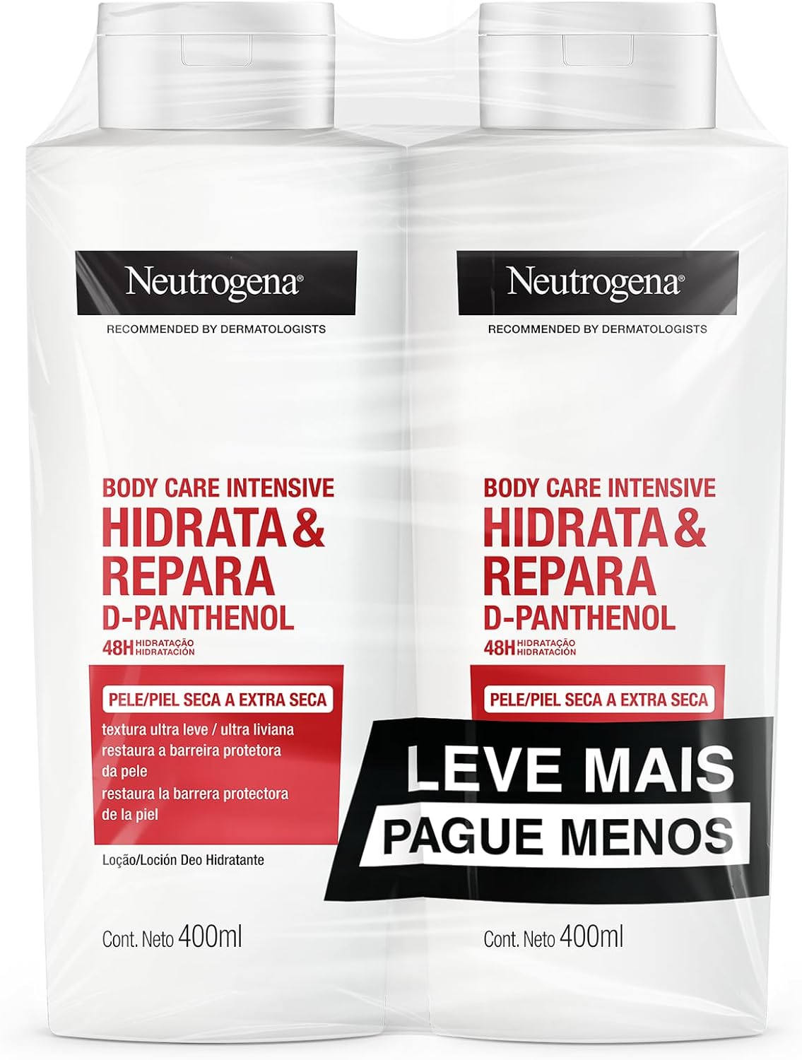 Kit Neutrogena Body Care Intensive Hidrata e Repara 400ml Duas embalagens brancas com detalhes azuis do hidratante Neutrogena Body Care Intensive Hidrata e Repara dispostas lado a lado