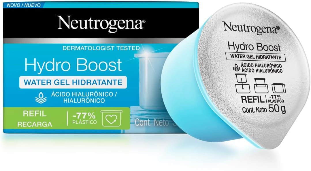 Refil Neutrogena Hydro Boost Water Gel 50g Pote de refil do hidratante facial azul em gel sobre fundo claro iluminado