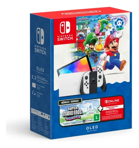 Nintendo Switch OLED Bundle Mario Wonder Branco Console Nintendo Switch modelo OLED branco com caixa do bundle Super Mario Bros. Wonder e acessórios