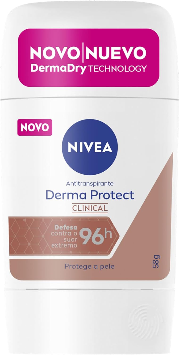 NIVEA Clinical Derma Protect Stick Antitranspirante Embalagem do desodorante NIVEA Clinical Derma Protect Stick 58g com tampa azul e detalhes em branco