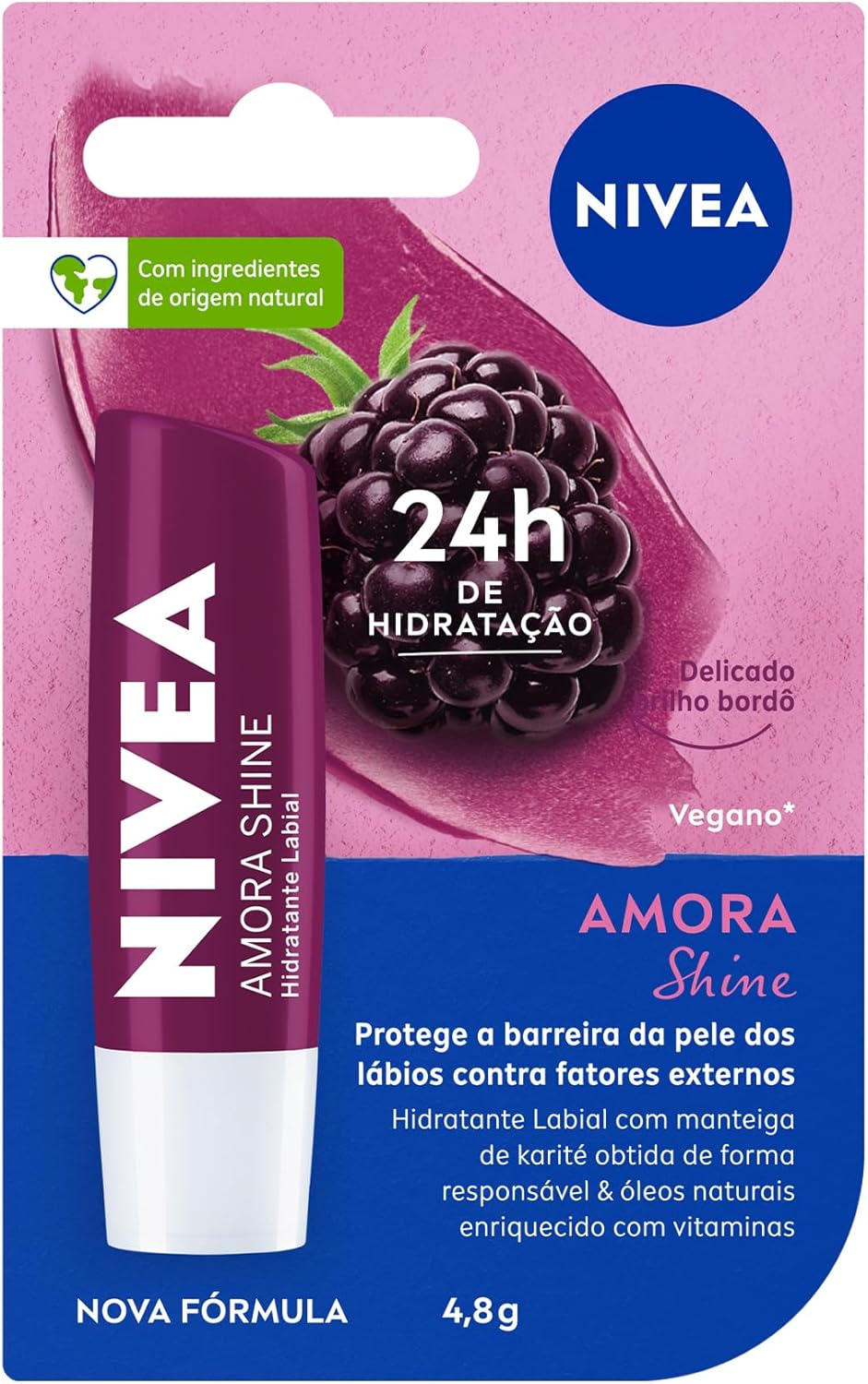 Hidratante Labial NIVEA Amora Shine 4,8g Bastão de hidratante labial NIVEA Amora Shine em embalagem roxa destacado em fundo neutro