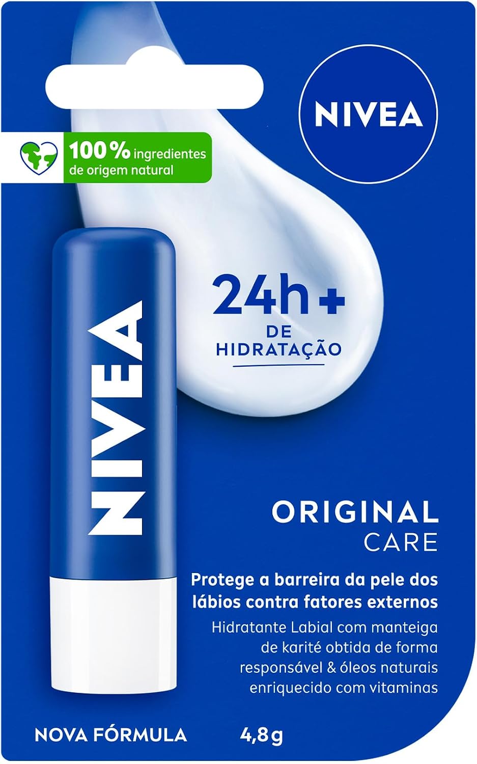 Hidratante Labial NIVEA Original Care 4,8g Bastão de hidratante labial azul da NIVEA com tampa aberta mostrando a ponta branca do produto