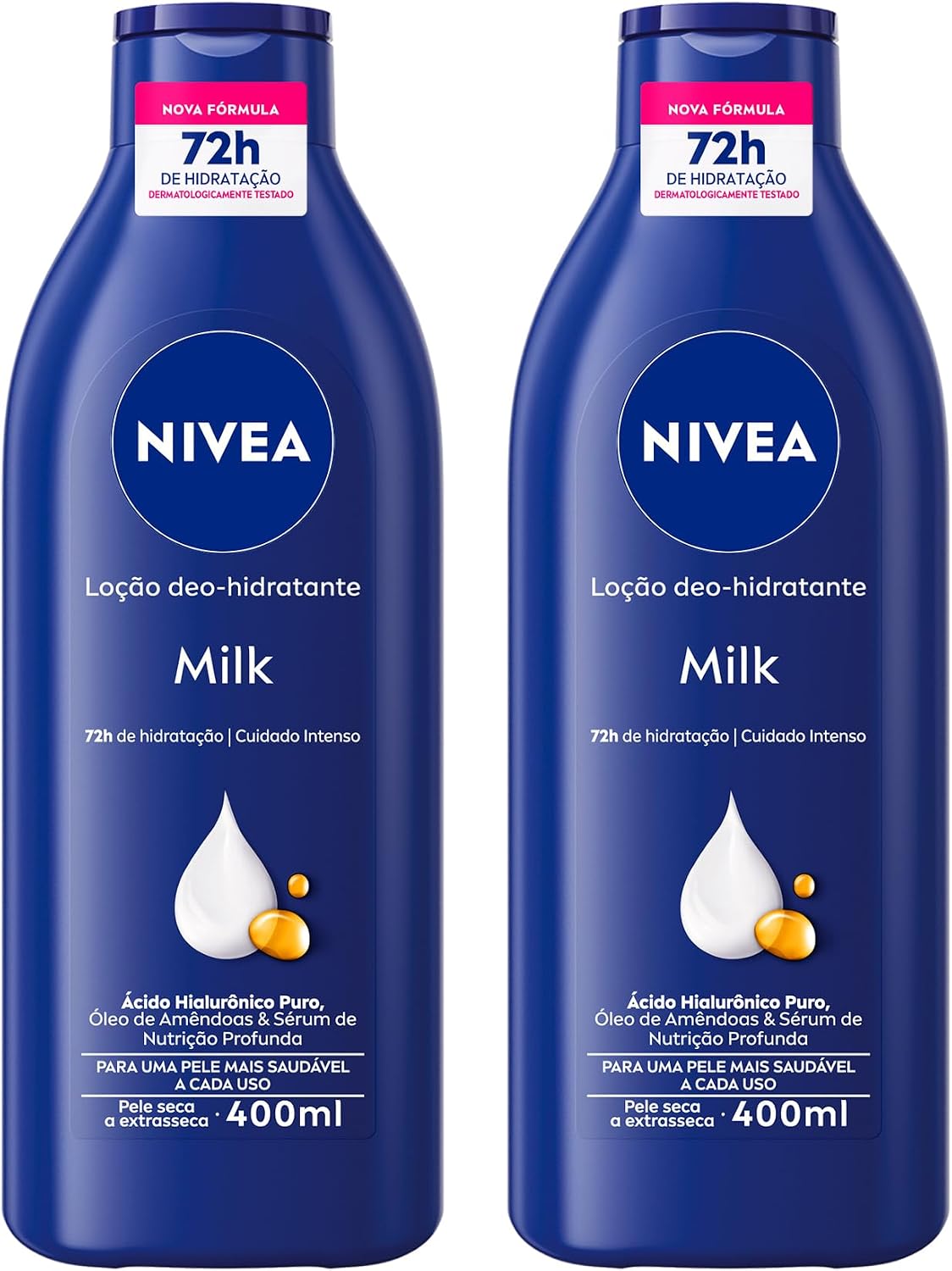Kit com 2 unidades de Loção Hidratante NIVEA Milk 400ml Duas embalagens azuis do hidratante NIVEA Milk de 400ml posicionadas lado a lado em fundo claro