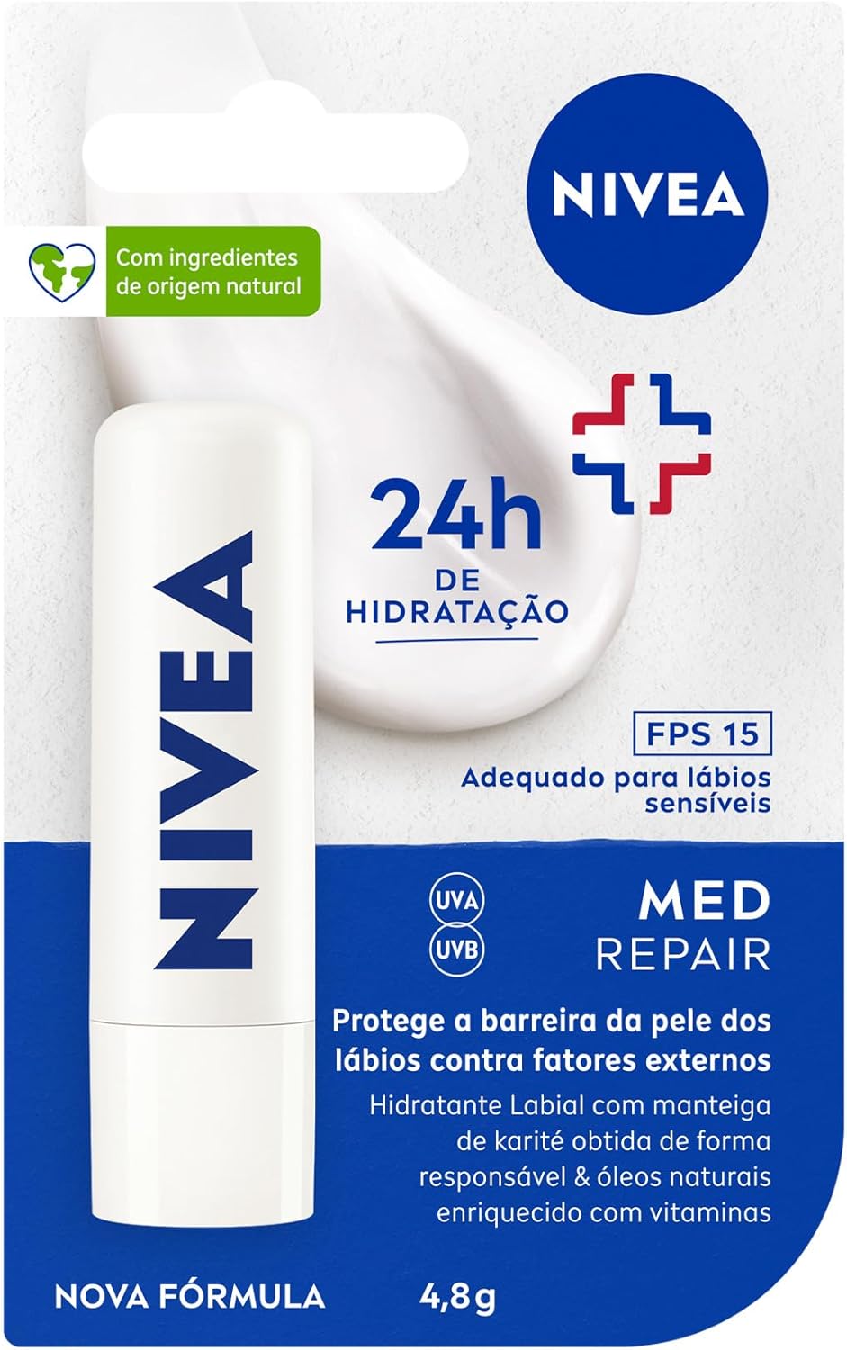NIVEA Protetor Labial Med Repair para regeneração intensiva Batom protetor labial NIVEA Med Repair em bastão azul aberto mostrando o hidratante labial branco