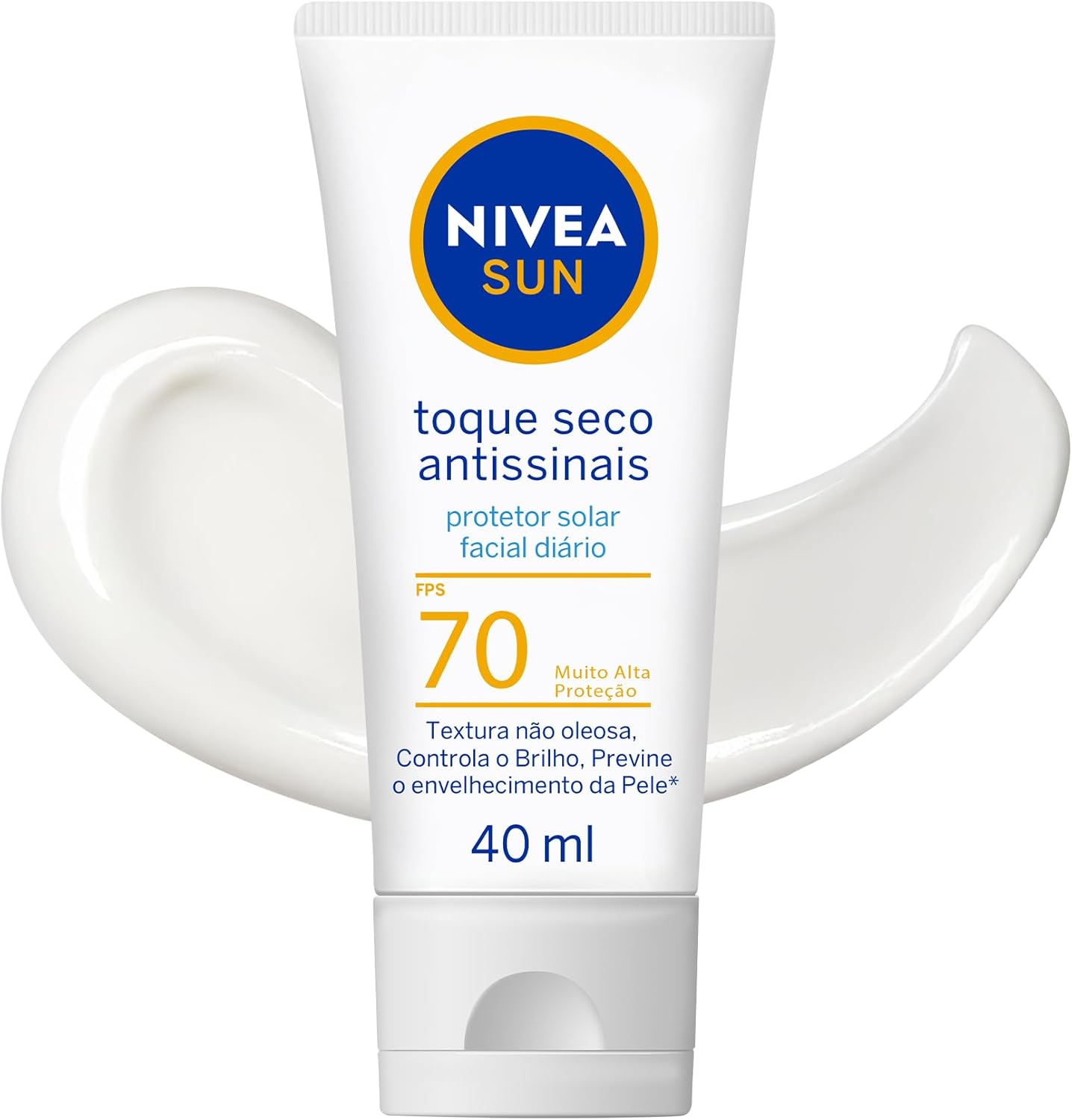 NIVEA SUN Protetor Solar Facial Toque Seco FPS 70 40ml Frasco de protetor solar facial Nivea Sun Toque Seco FPS 70 em fundo claro iluminado