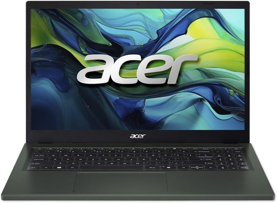 Acer Aspire Go 15 AG15-71P-53R6 Vista Frontal Notebook Acer Aspire Go cinza aberto mostrando a tela de 15 polegadas e teclado completo