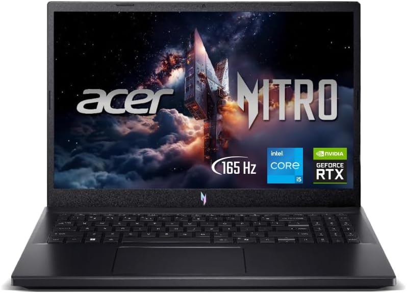 Notebook Gamer Acer Nitro V15 com Placa RTX 4050 Notebook gamer preto com teclado retroiluminado aberto exibindo tela colorida e logotipos da Acer e RTX