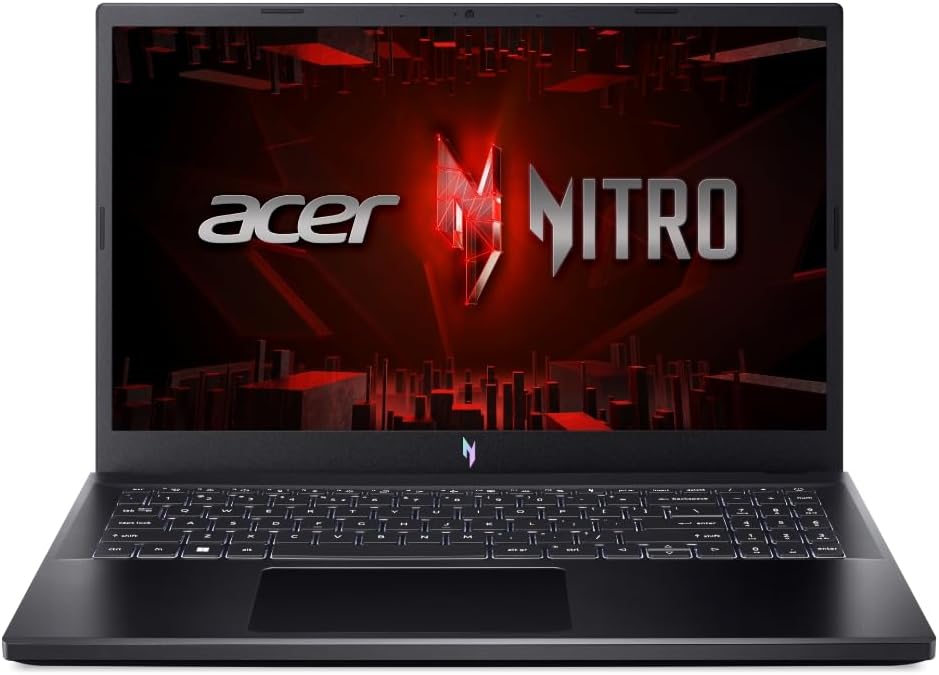 Design moderno do Notebook Gamer Acer Nitro V15 Notebook gamer preto aberto mostrando tela colorida e teclado retroiluminado em superfície plana