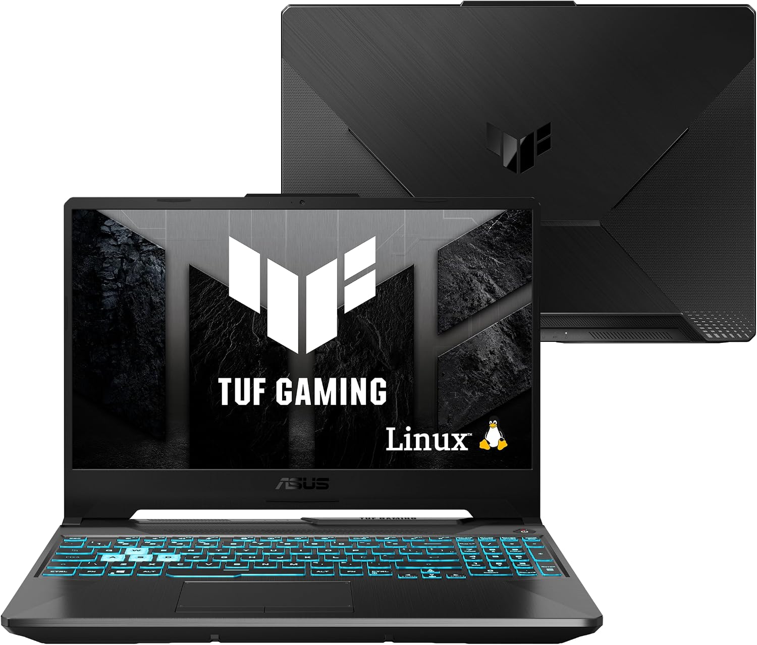 Notebook Gamer ASUS TUF Gaming A15 Frontal Notebook gamer Asus TUF Gaming A15 cor Graphite Black aberto mostrando tela e teclado iluminado
