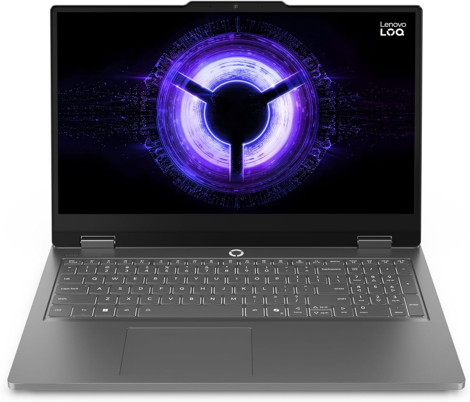 Lenovo LOQ-E 15IRX11 Gaming Laptop Luna Grey Notebook gamer Lenovo LOQ Luna Grey aberto mostrando teclado retroiluminado e tela de quinze polegadas