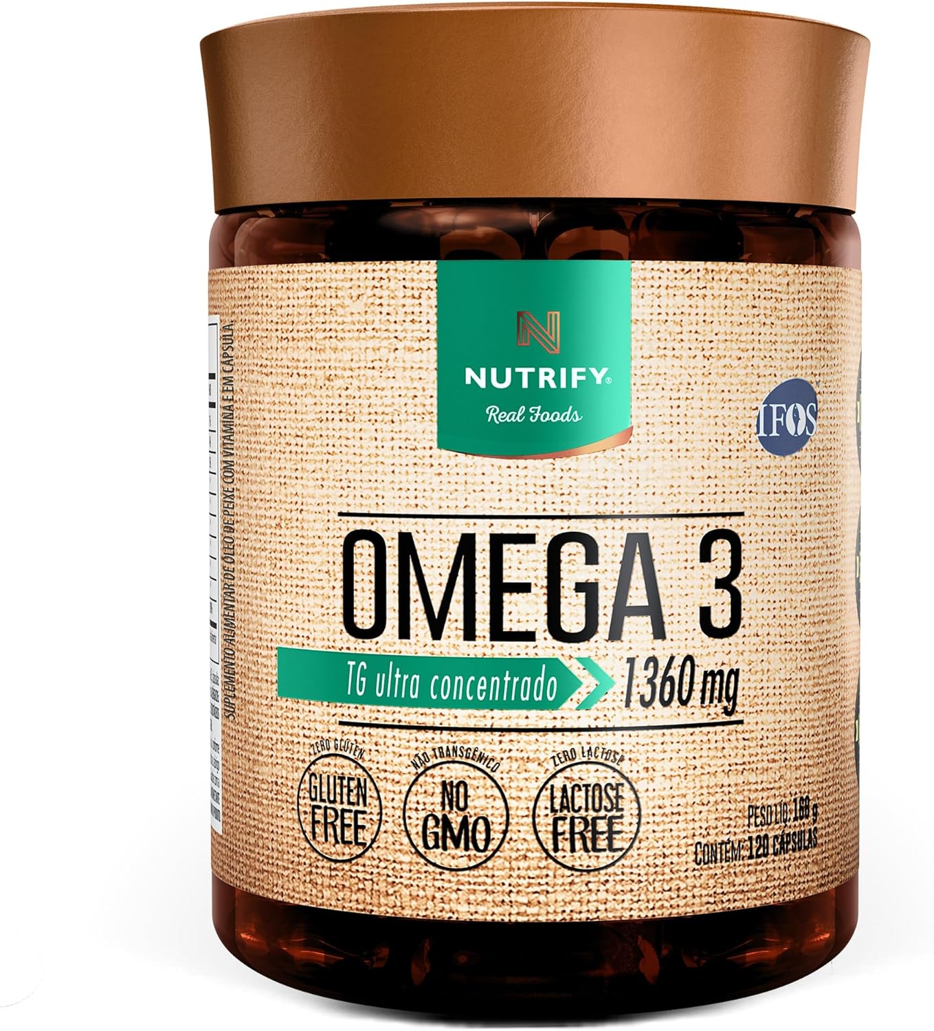 Suplemento Ômega 3 Nutrify 120 Cápsulas Concentrado Frasco de suplemento alimentar Ômega 3 Nutrify com 120 cápsulas em fundo neutro nutricional