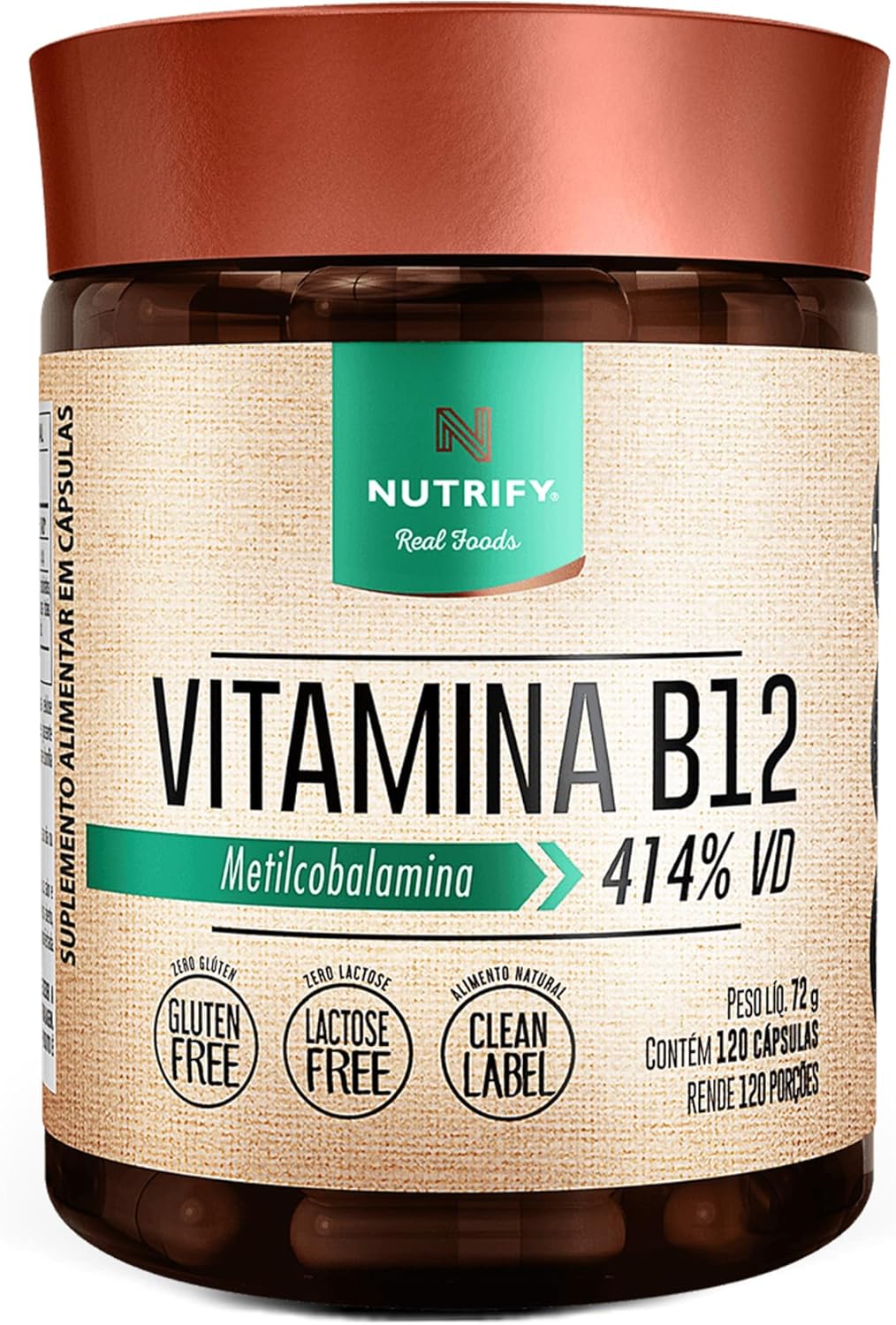 Suplemento Vitamina B12 Nutrify 120 Cápsulas Frasco de Vitamina B12 Nutrify com 120 cápsulas sobre um fundo neutro e limpo