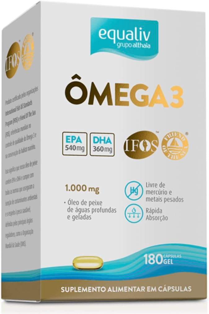Suplemento Omega 3 Equaliv 180 Cápsulas Gel Frasco branco de Omega 3 Equaliv com 180 cápsulas de gel em destaque sobre fundo branco