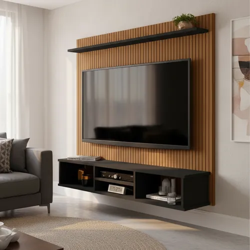 Painel TV Ripado Preto 3D com Nichos e Prateleira até 50 Polegadas