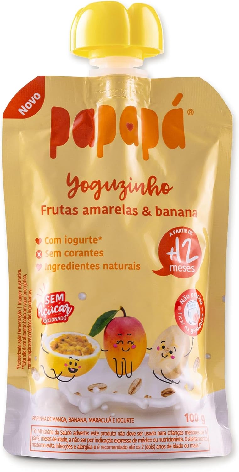 Papapá Yoguzinho Frutas Amarelas e Banana 100g Embalagem amarela de lanche infantil Papapá Yoguzinho sabor iogurte com frutas amarelas e banana