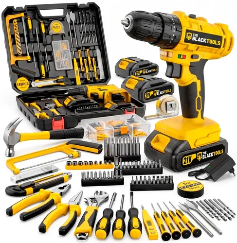 Parafusadeira e Furadeira de Impacto The Black Tools com Kit de 145 Peças