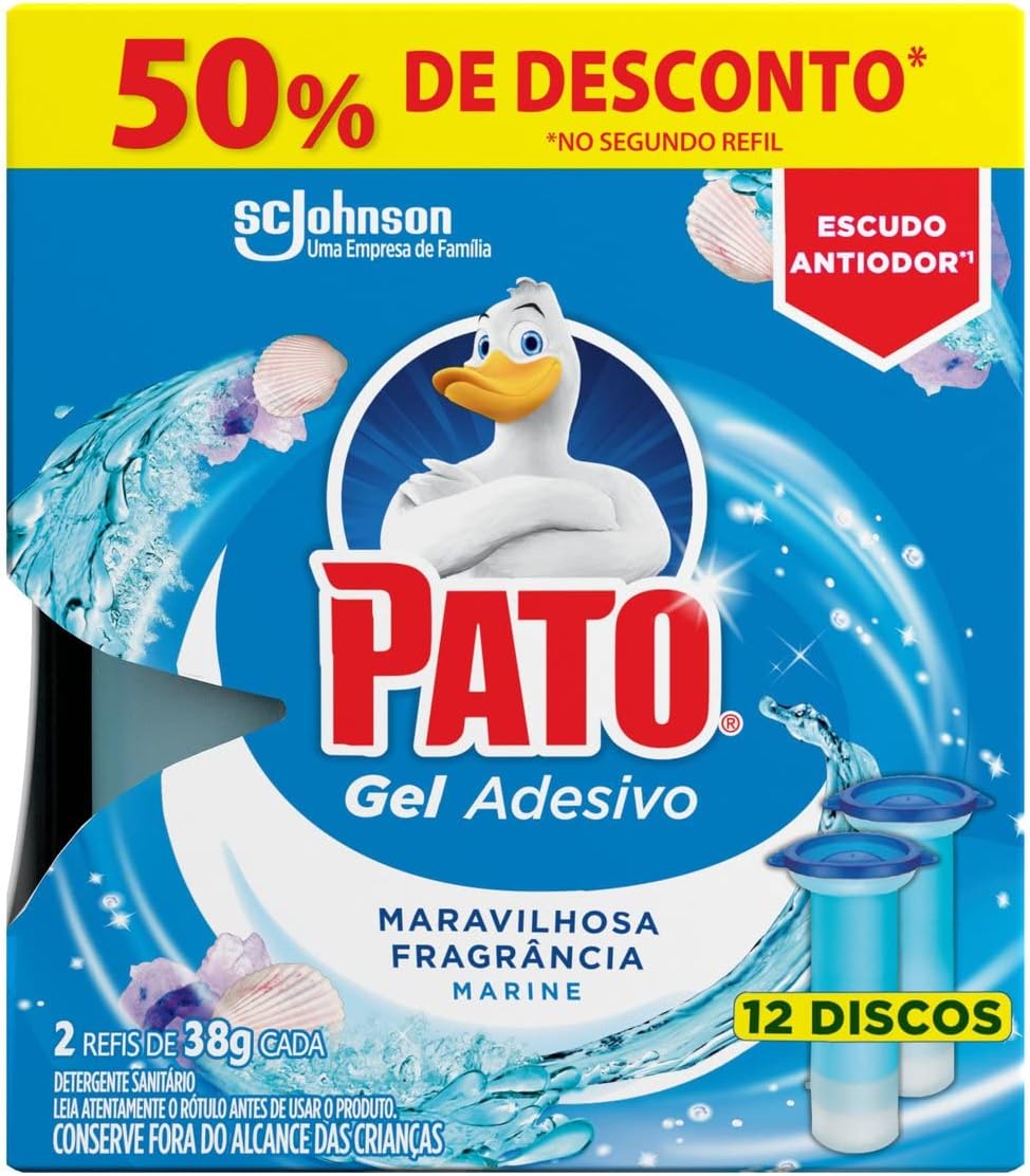 Pato Gel Adesivo Sanitário Fragrância Marine Kit Econômico Aplicador de gel adesivo sanitário sendo utilizado na borda interna de um vaso sanitário branco