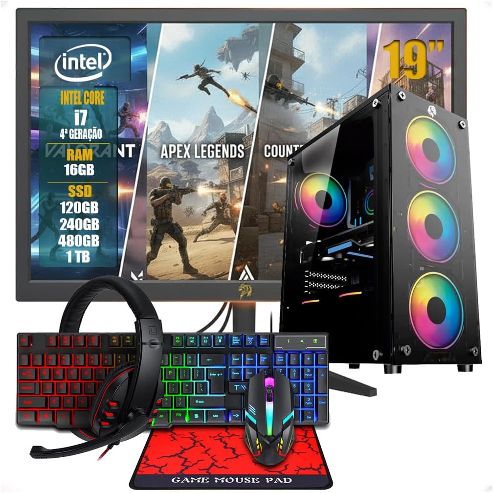 PC Gamer Completo Intel Core i7, 8GB RAM, SSD 120GB com Monitor 19"