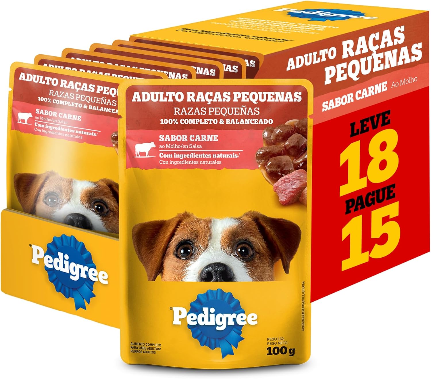 Pack Ração Úmida Pedigree Sachê Carne ao Molho Cães Adultos Leve 18 Pague 15