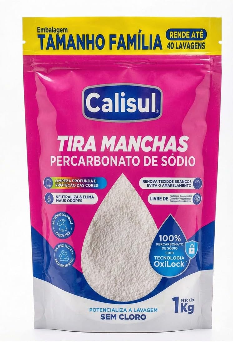 Percarbonato de Sódio Calisul 1kg 100% Puro Embalagem de 1kg de percarbonato de sódio em pó branco para limpeza doméstica e lavanderia de roupas